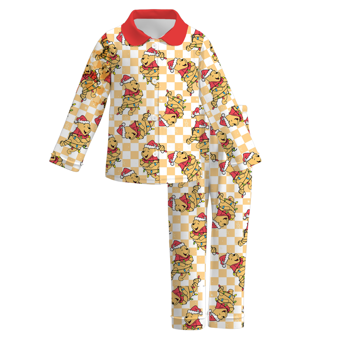 (Custom Design Preorder MOQ 5) Cartoon Bear Yellow Plaid Print Kids Christmas Buttons Pajamas Clothes Set