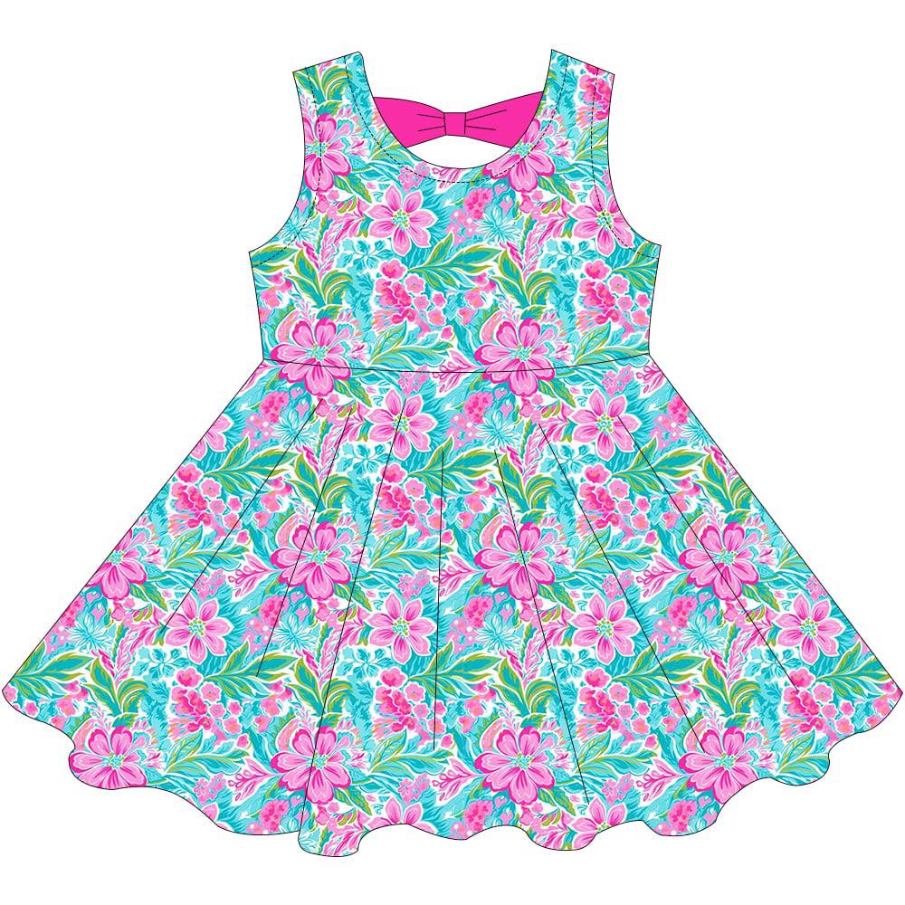 (Custom Design Preorder MOQ 5) Flowers Hot Pink Print Girls Summer Knee Length Dress