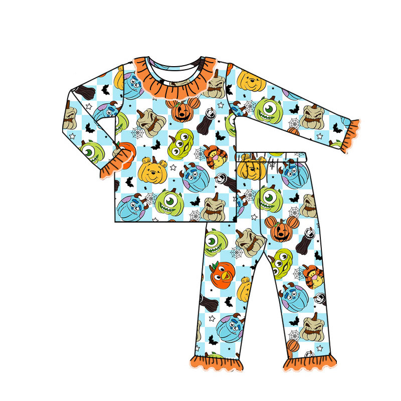 (Custom Design Preorder MOQ 20) Cartoon Figure Pumpkin Print Girls Bamboo Halloween Pajamas Clothes Set