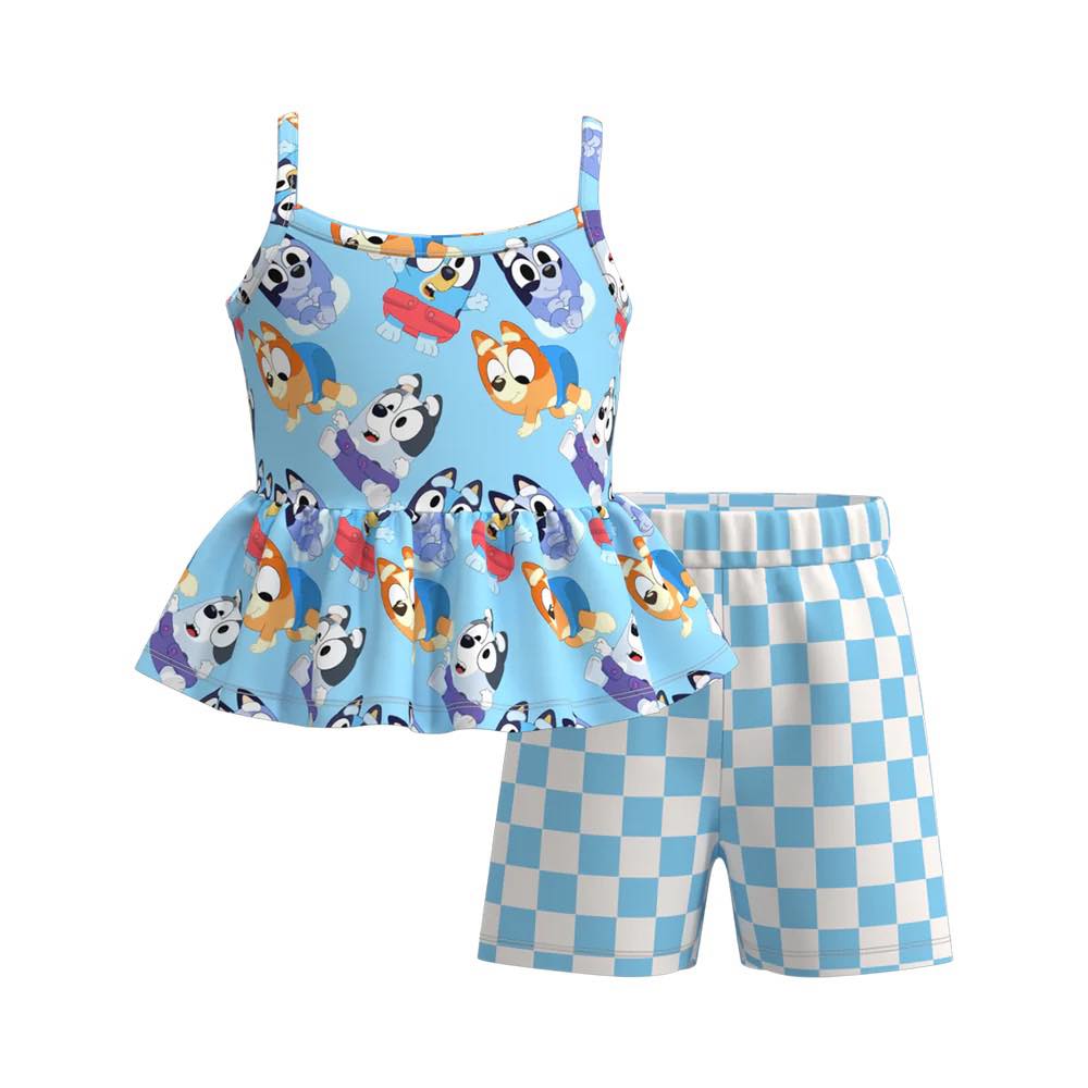 (Custom Design Preorder MOQ 5) Cartoon Dog Top Blue Plaid Shorts Girls Summer Clothes Set