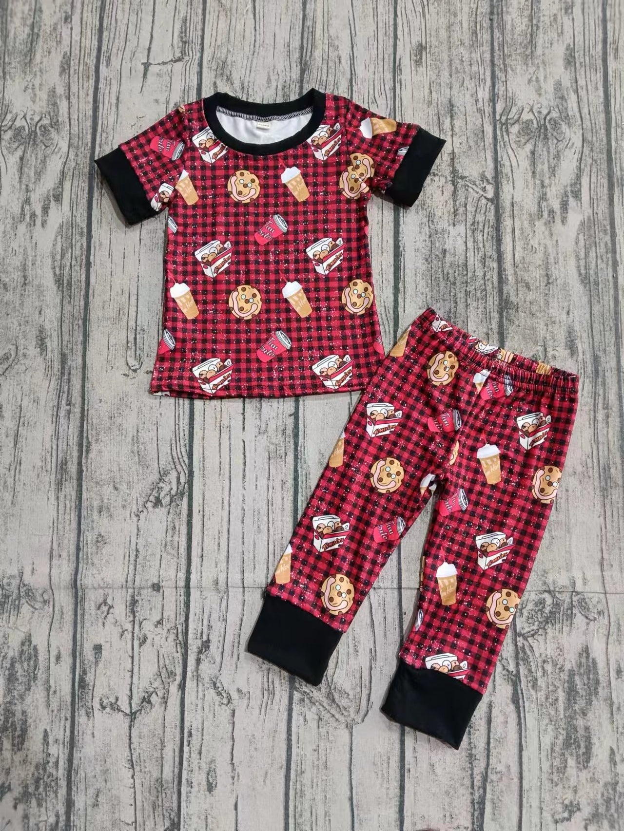 (Custom Design Preorder MOQ 5)Drinks Cookie Print Kids Pajamas Clothes Set