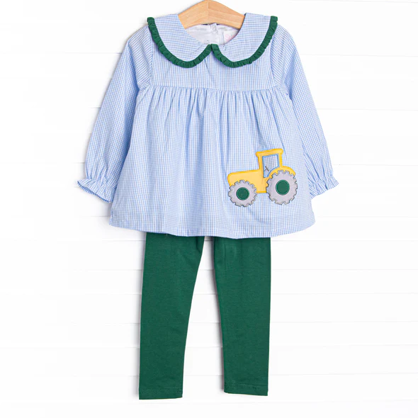 (Custom Design Preorder MOQ 5) Tractor Plaid Tunic Top Green Pants Girls Fall Clothes Set
