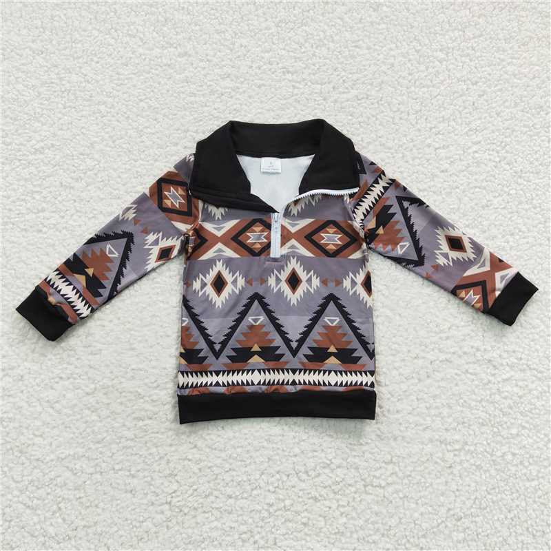 4 Colors Boys Long Sleeve Aztec Print Western Zipper Pullover Top
