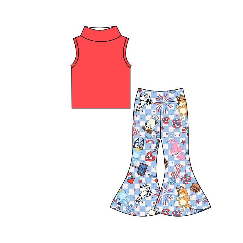 (Custom Design Preorder MOQ 5) Cartoon Dog Print Bell Pants Girls 4th of July Clothes Set
