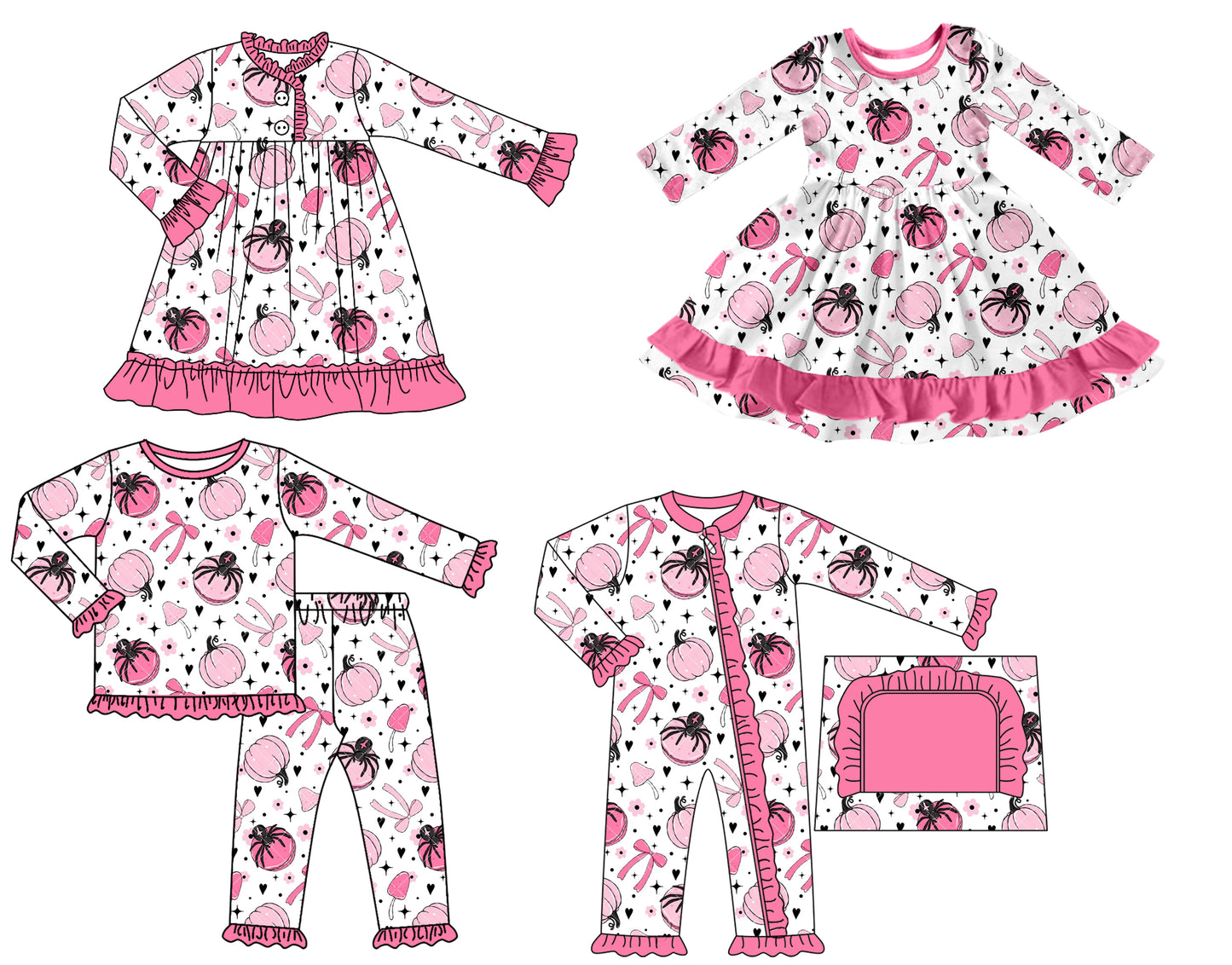 7.17(Custom Design Preorder MOQ 5 Each Design) Spider Pumpkin Bows Print Girls Halloween Matching Clothes Sisters Wear