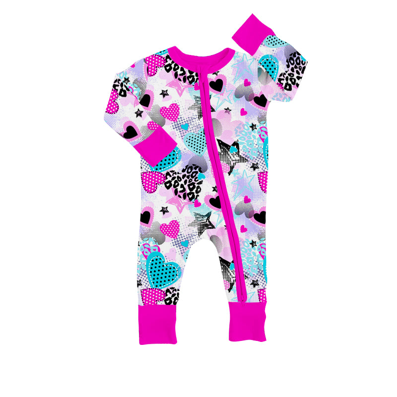 (Custom Design Preorder MOQ 5) Star Heart Print Baby Girls Valentine's Zipper Romper