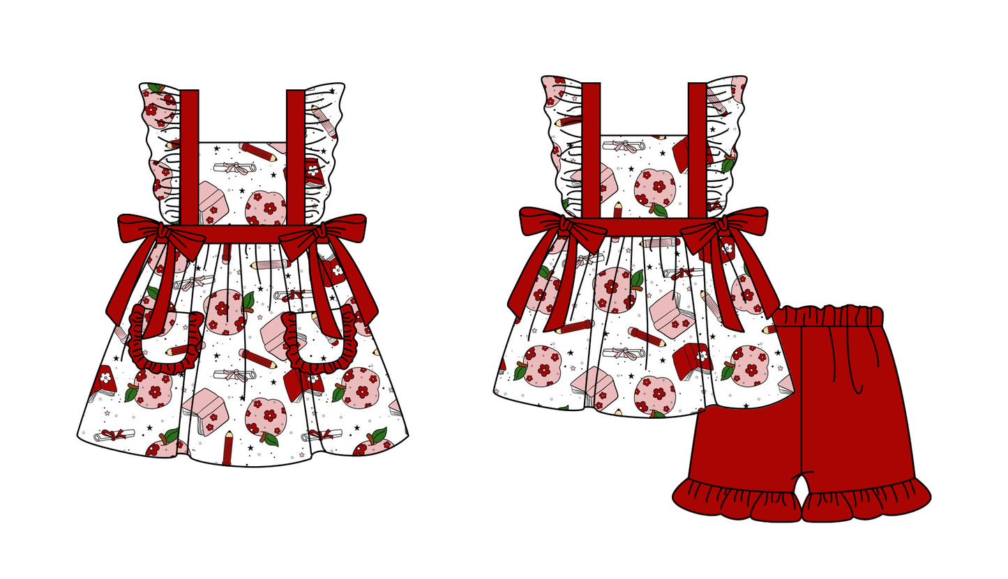 1.6(Custom Design Preorder MOQ 5 Each Design) Pen Apple Flowers Print Girls Back to School Matching Clothes Sisters Wear