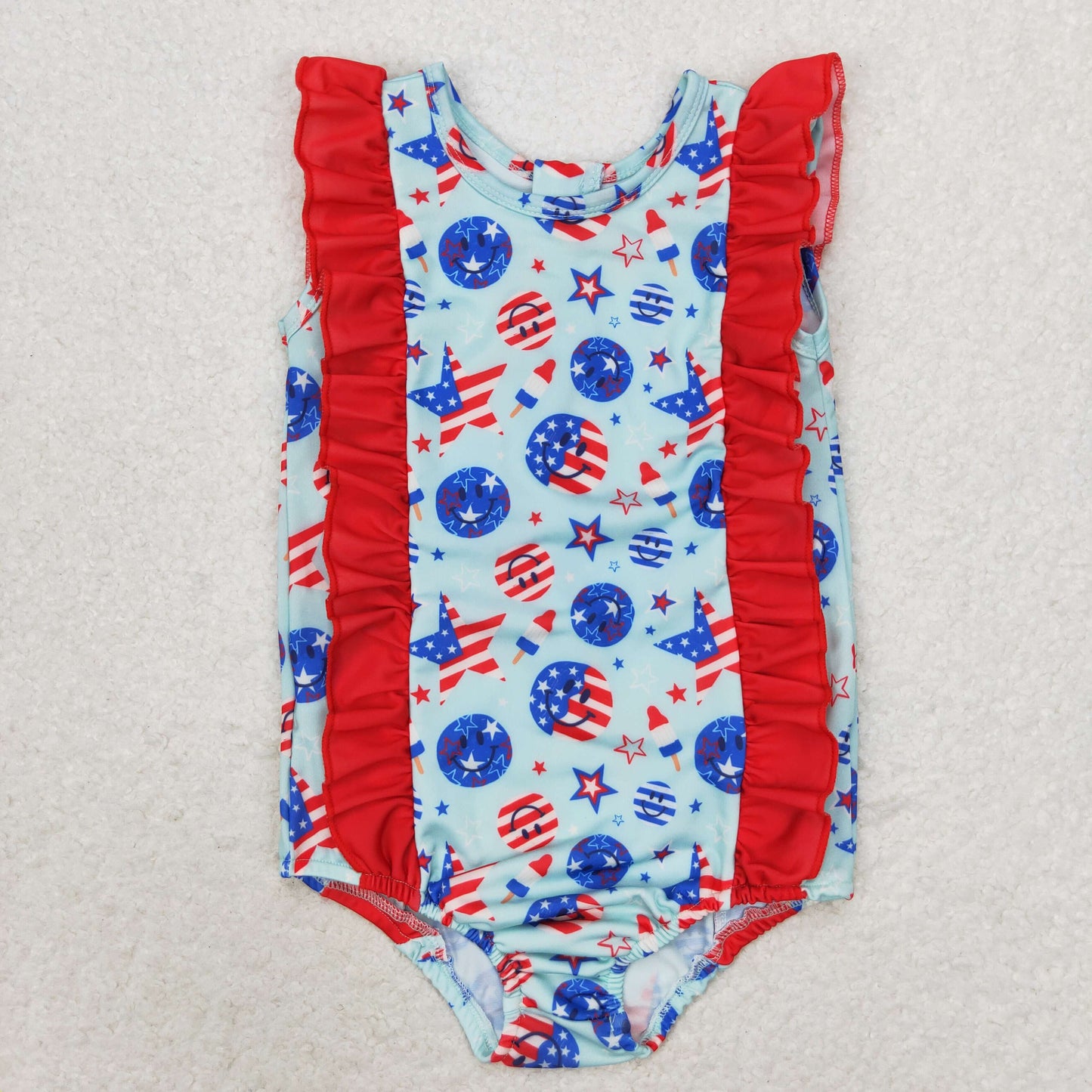 Smiling Face Stars Popsicle Print Sibling Matching 4th of July Swimsuits