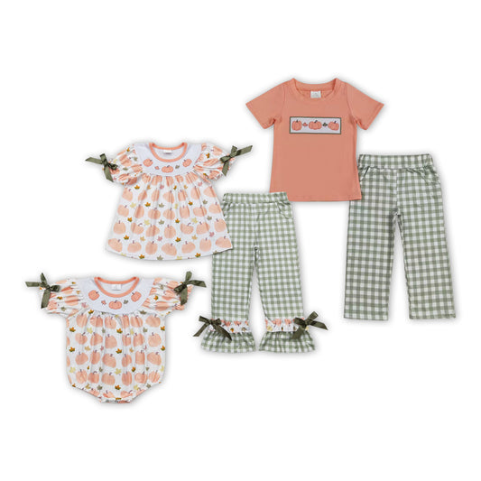 Pumpkin Leaf Embroidery Plaid Print Sibling Fall Matching Clothes
