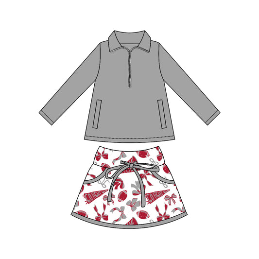 (Custom Design Preorder MOQ 5) Grey Zipper Pullover Top Team's Cheer Bows Skirts Girls Clothes Sets