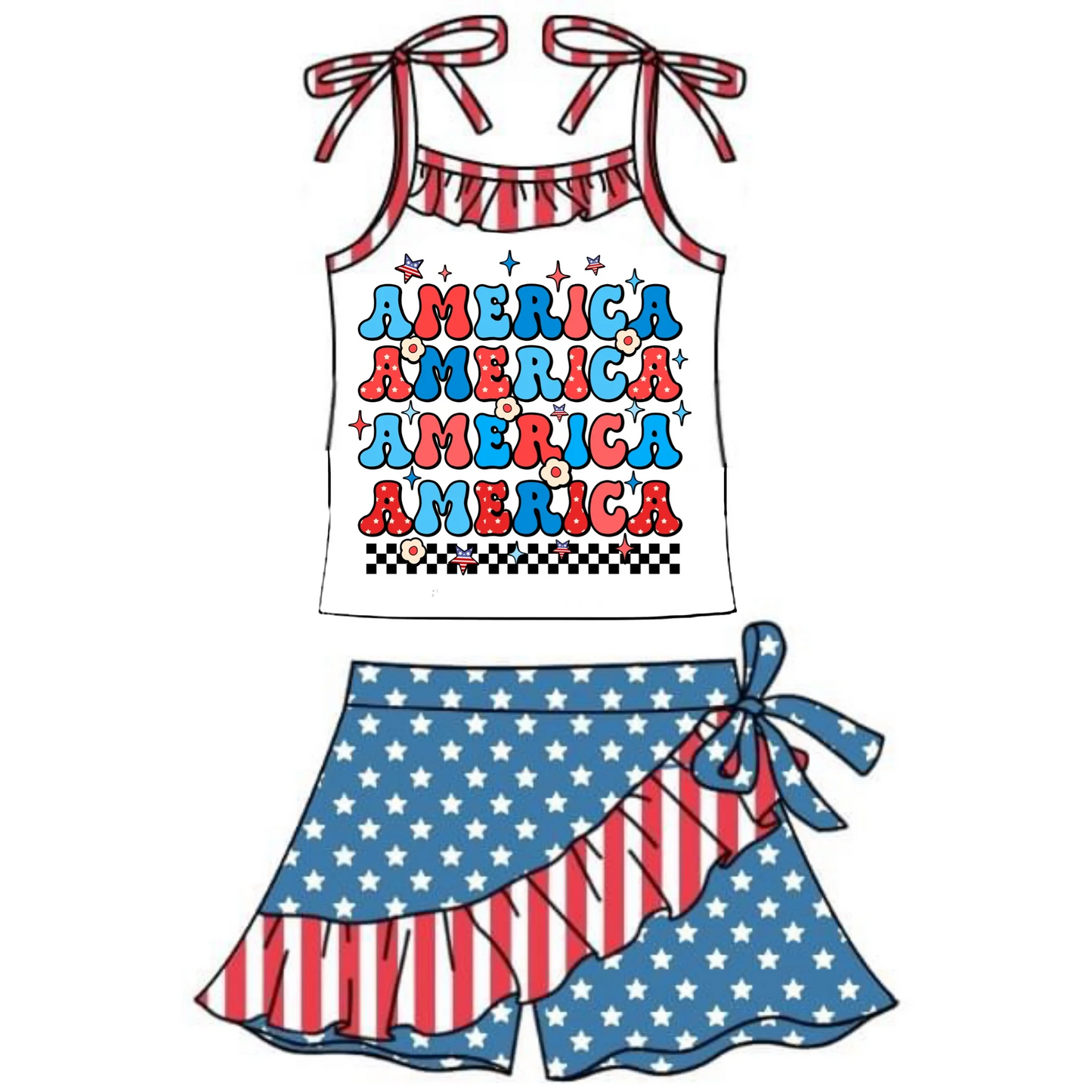 (Custom Design Preorder MOQ 5) America Stars Print Girls 4th of July Clothes Set