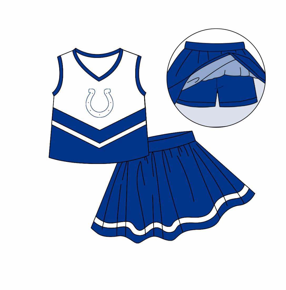 (Custom Design Preorder MOQ 5) Team's Blue Print Skirts Shorts Girls Summer Clothes Set