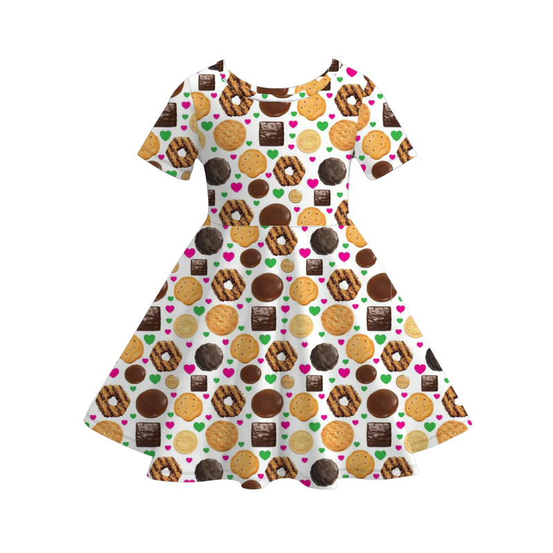 (Custom Design Preorder MOQ 5) Cookies Heart Print Girls Knee Length Summer Dress