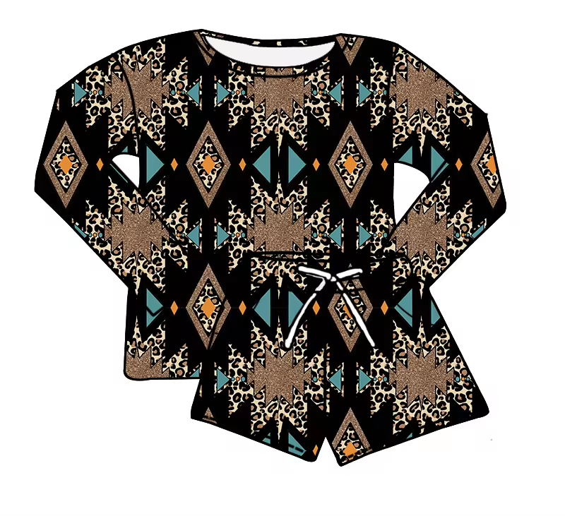 (Custom Design Preorder MOQ 5) Black Aztec Leopard Long Sleeve Top Shorts Girls Western Clothes Set