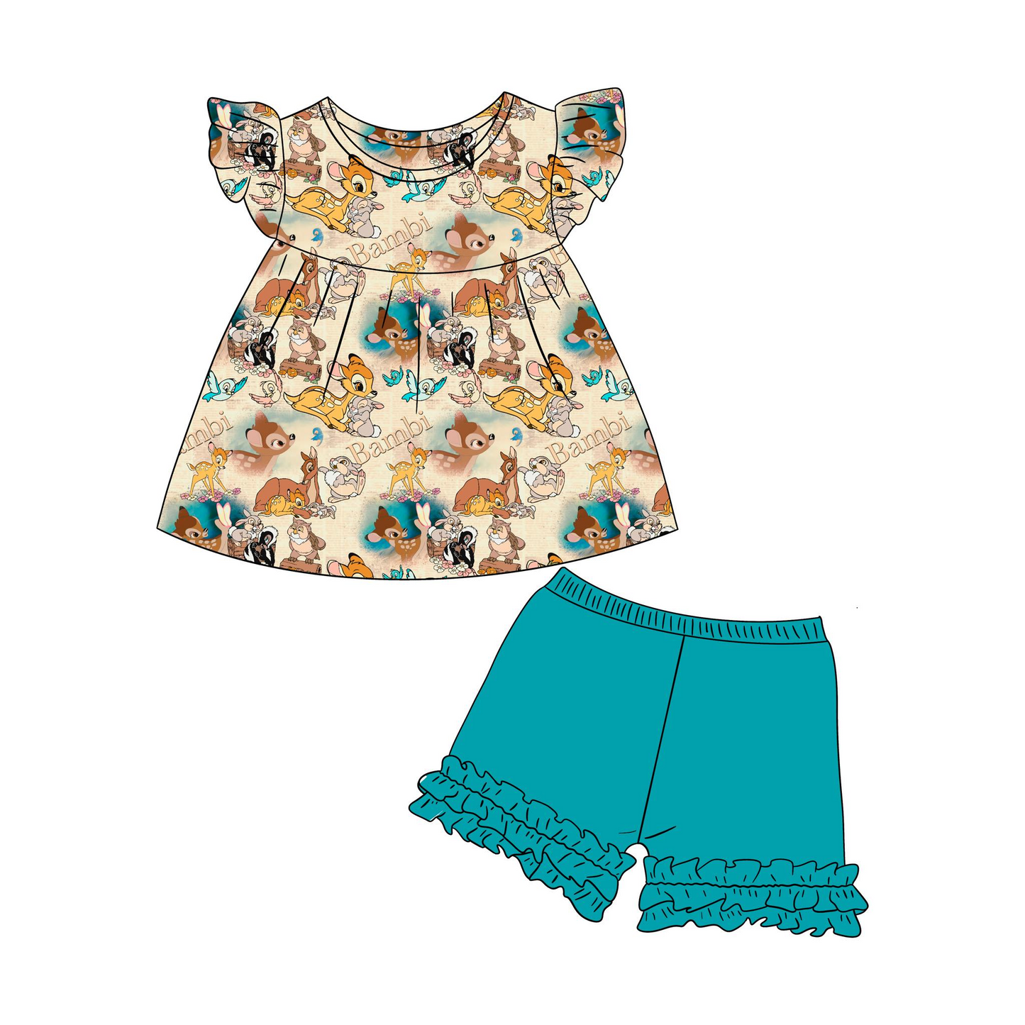 (Custom Design Preorder MOQ 5) Cartoon Animals Print Girls Summer Clothes Set