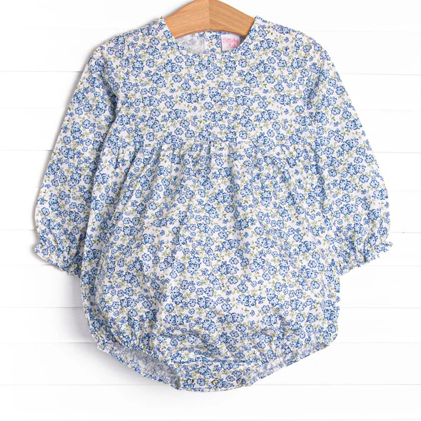 (Custom Design Preorder MOQ 5) Blue Flower Print Baby Girls Fall Romper