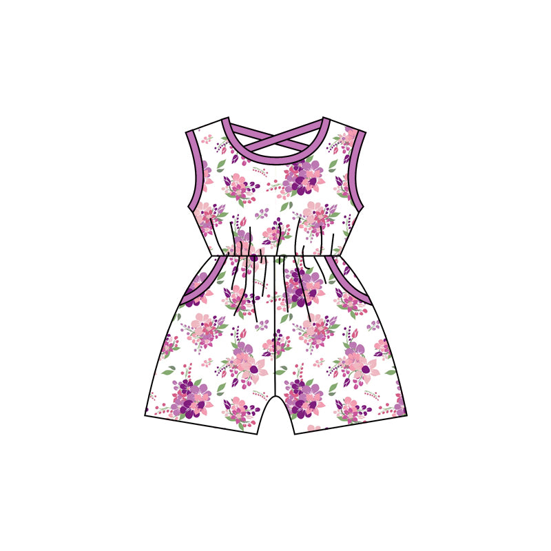 (Custom Design Preorder MOQ 5) Purple Flowers Print Pockets Girls Summer Jumpsuits