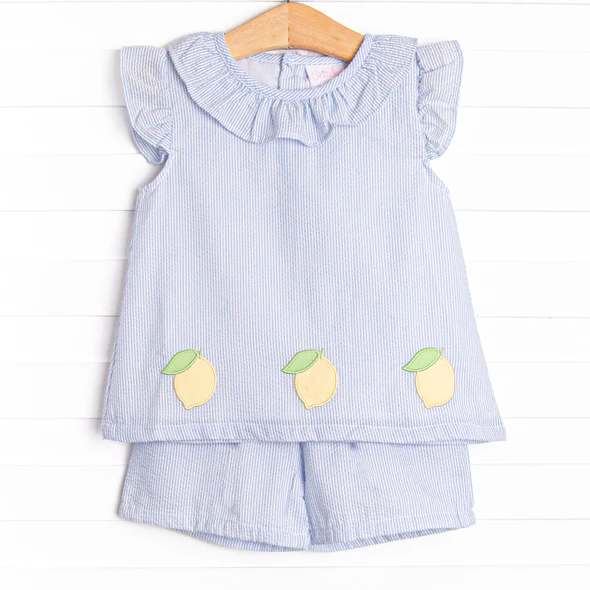 (Custom Design Preorder MOQ 5) Lemon Tunic Top Stripes Shorts Girls Summer Clothes Set