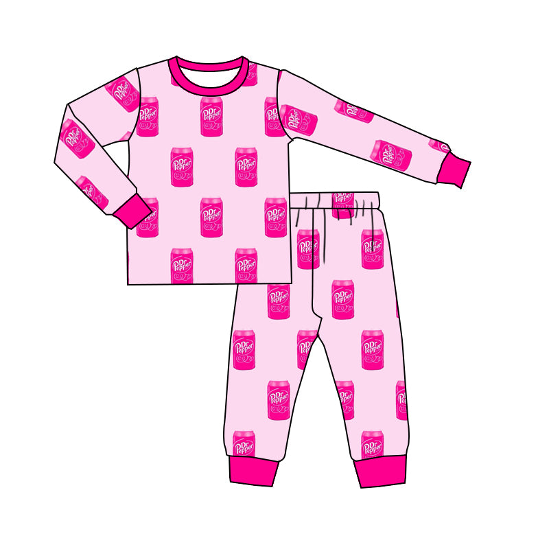 (Custom Design Preorder MOQ 20) Drinks Hotpink Print Kids Fall Bamboo Pajamas Clothes Set
