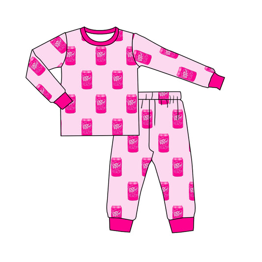 (Custom Design Preorder MOQ 20) Drinks Hotpink Print Kids Fall Bamboo Pajamas Clothes Set