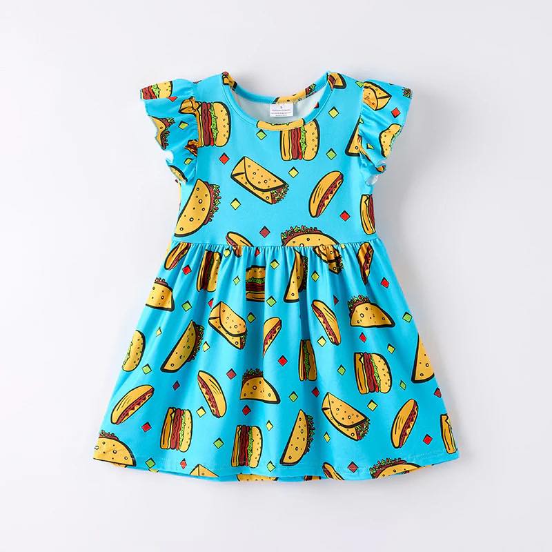 (Custom Design Preorder MOQ 5) Hamburger Print Girls Summer Knee Length Dress