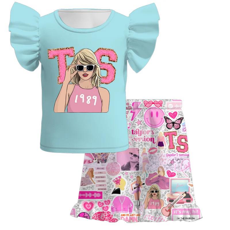 (Custom Design Preorder MOQ 5) Singer Swfite Blue Top Pink Shorts Girls Summer Clothes Set