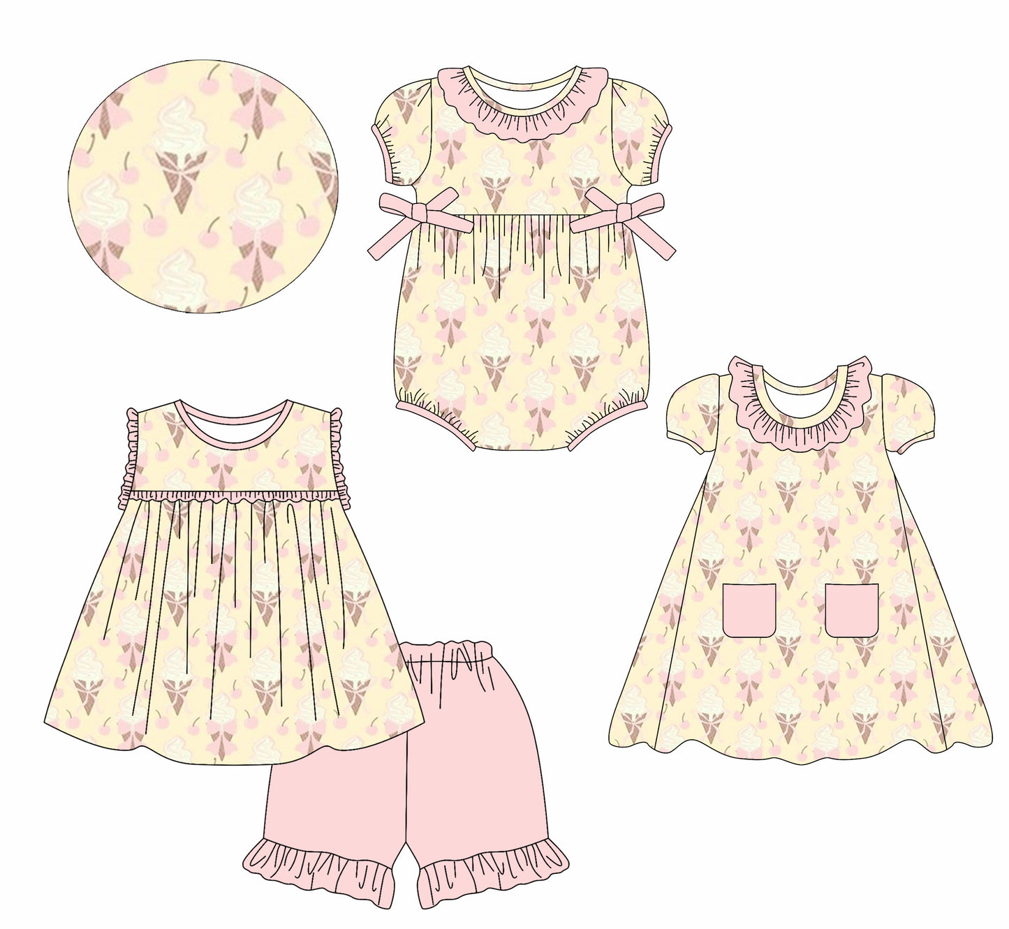 2.22(Custom Design Preorder MOQ 5 Each Design) Cherry Ice Cream Bows Print Girls Summer Matching Clothes Sisters Wear