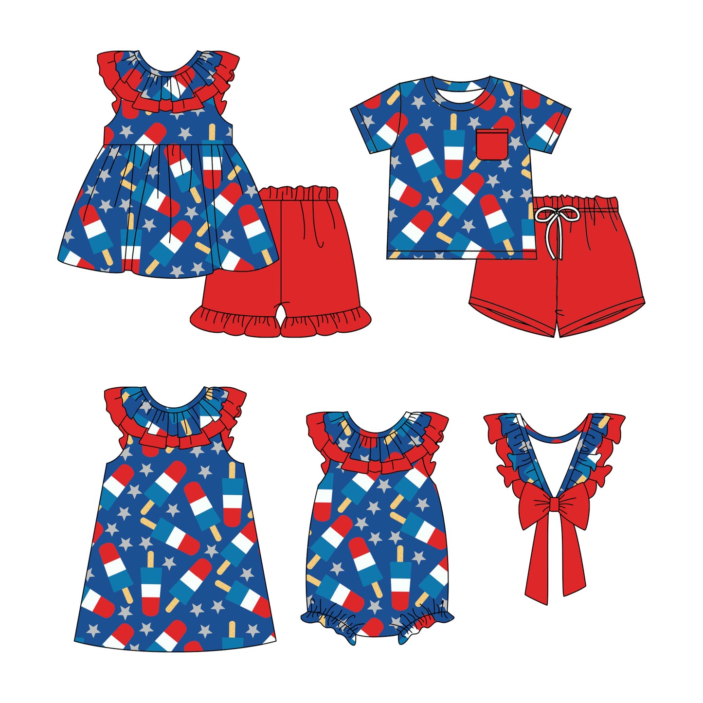 11.28(Custom Design Preorder MOQ 5 Each Design) Popsicle Stars Print Kids 4th of July Matching Clothes Sibling Wear