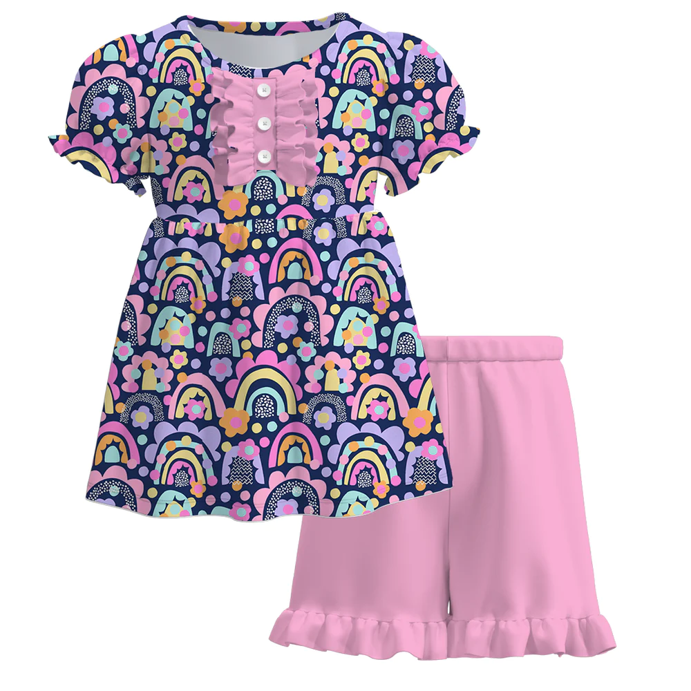 (Custom Design Preorder MOQ 5) Rainbow Flowers Tunic Top Pink Shorts Girls Summer Clothes Set
