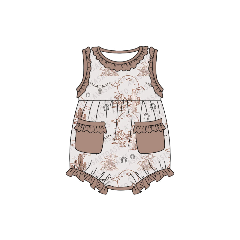 (Custom Design Preorder MOQ 5) Cactus Western Print Baby Girls Summer Romper