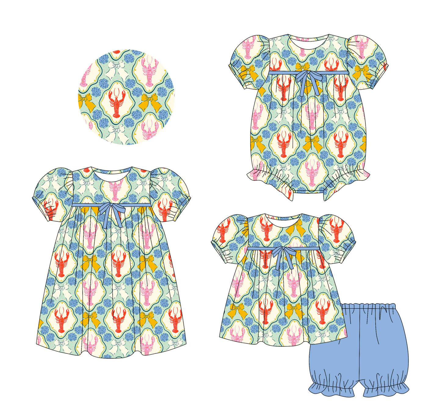 5.24(Custom Design Preorder MOQ 5 Each Design) Colorful Crayfish Bows Print Girls Summer Matching Clothes Sisters Wear