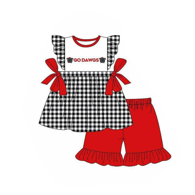(Custom Design Preorder MOQ 5)Team's GO DAWGS Plaid Tunic Top Red Shorts Girls Summer Clothes Set