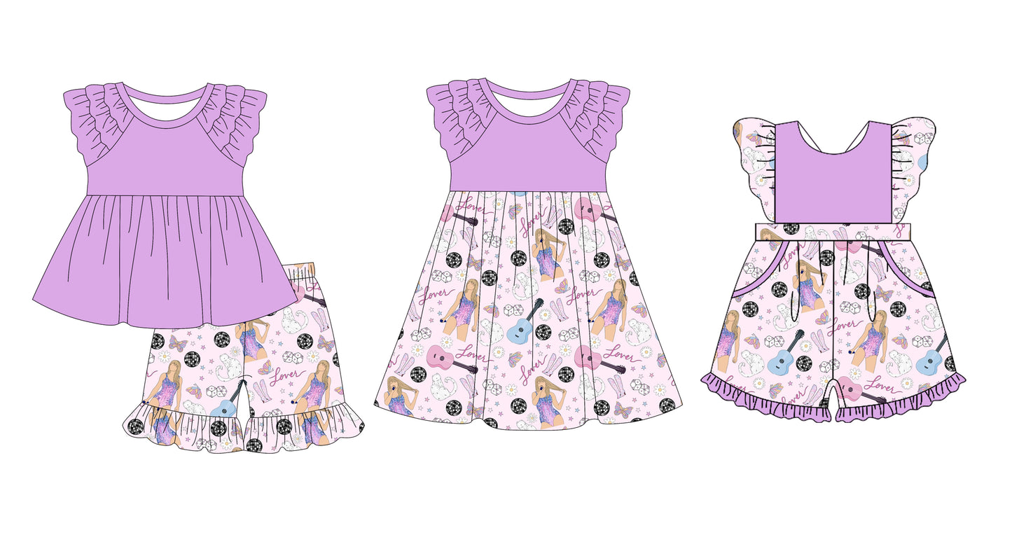 12.10(Custom Design Preorder MOQ 5 Each Design) Singer Swiftie Purple Print Girls Summer Matching Clothes Sisters Wear