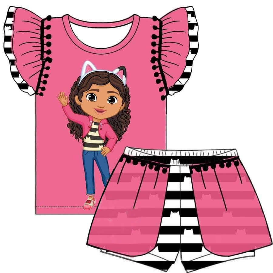(Custom Design Preorder MOQ 5) Cartoon Teacher Print Girls Summer Clothes Set
