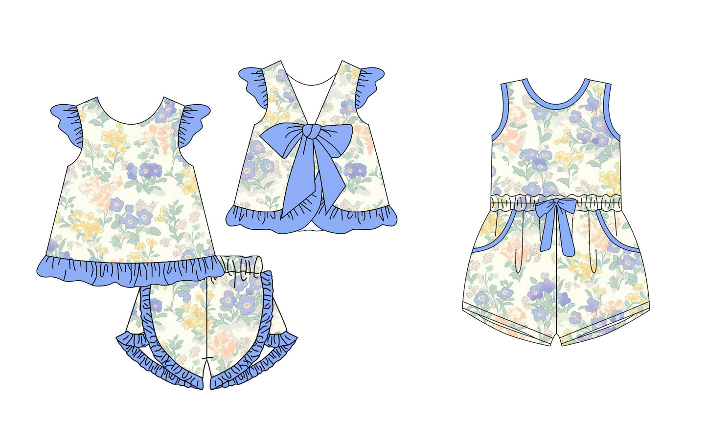 12.23(Custom Design Preorder MOQ 5 Each Design) Yellow Blue Flowers Print Girls Summer Matching Clothes Sisters Wear