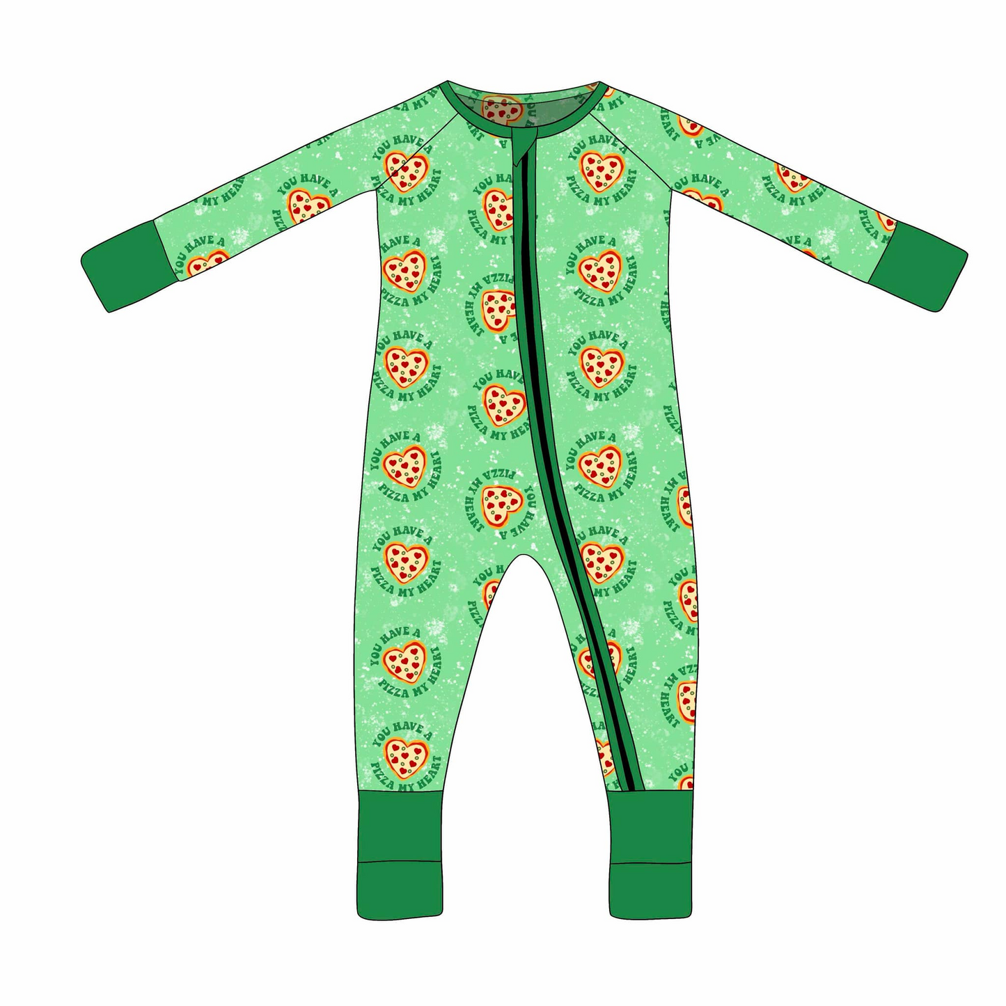 (Custom Design Preorder MOQ 5 ) Heart Pizza Green Print Baby Girls Valentine's Day Zipper Sleeper Romper