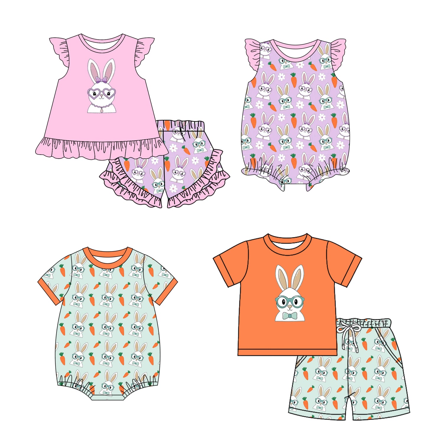 12.5 (Custom Design Preorder MOQ 5 Each Design) Bunny Carrot Print Kids Easter Matching Clothes Sibling Wear
