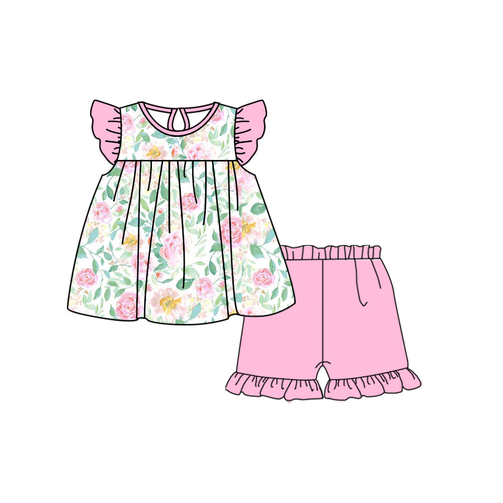 (Custom Design Preorder MOQ 5) Flowers Top Pink Shorts Girls Summer Clothes Set