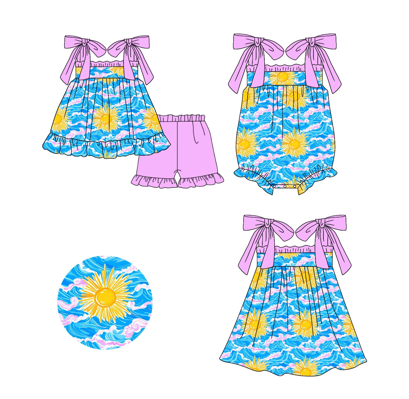 11.20(Custom Design Preorder MOQ 5 Each Design) Sea Spray Sunshine Print Girls Summer Matching Clothes Sisters Wear