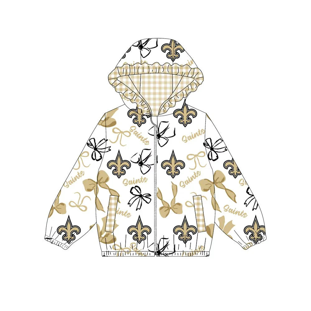 (Custom Design Preorder MOQ 5) Team's Saints Bows Print Pockets Girls Long Sleeve Zipper Jackets Top