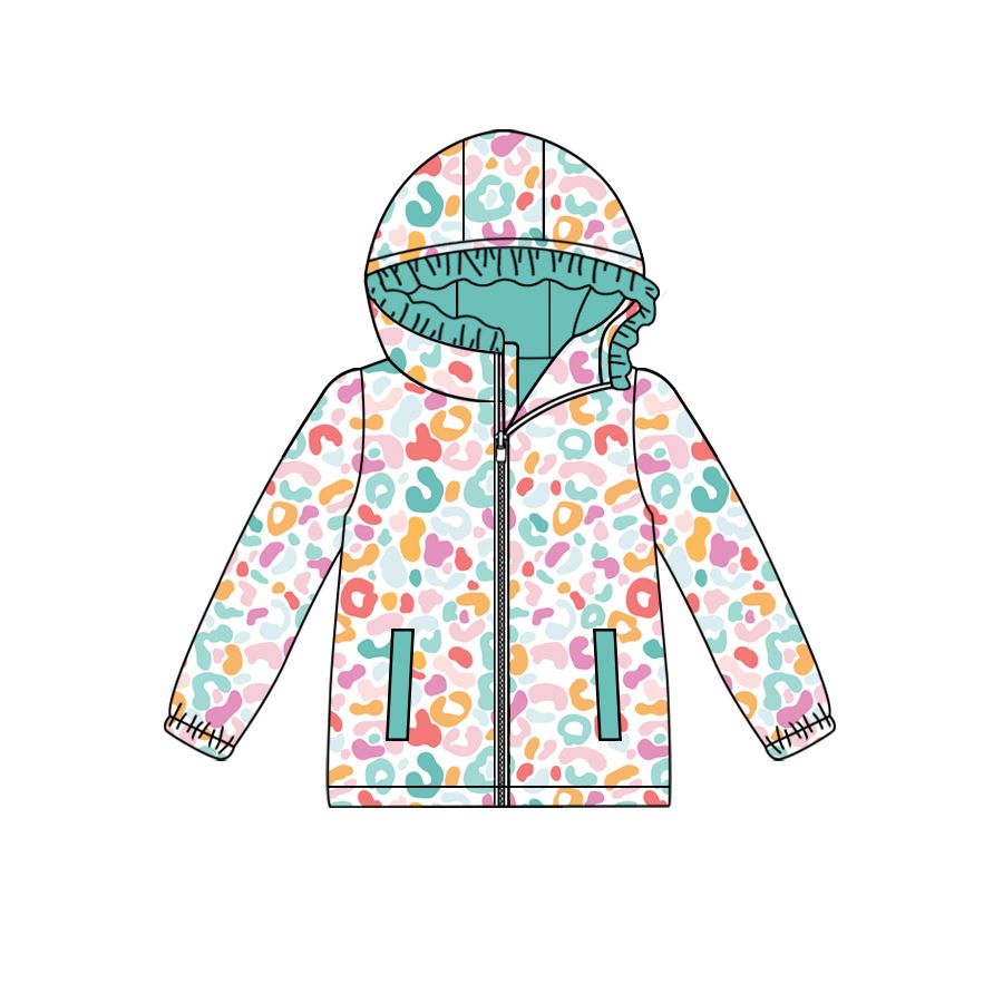 (Custom Design Preorder MOQ 5) Colorful Leopard Print Girls Long Sleeve Zipper Hoodie Tee Shirts Top