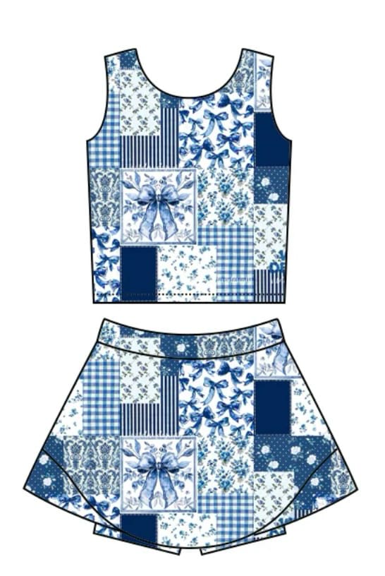 (Custom Design Preorder MOQ 5) Blue Flowers Bows Print Shorts Skirts Girls Summer Yoga Clothes Set