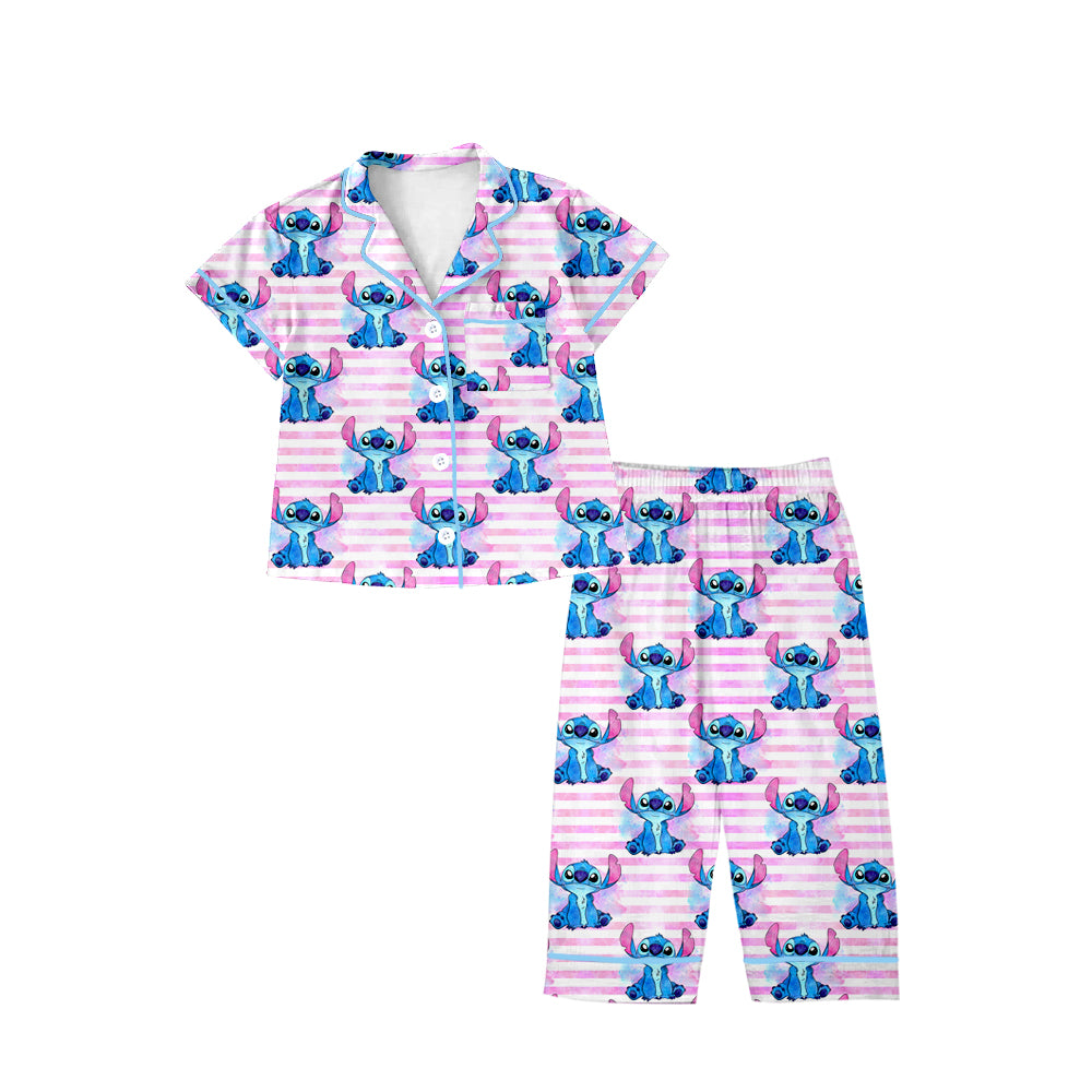 (Custom Design Preorder MOQ 5) Cartoon Animals Pink Stripes Print Girls Fall Buttons Pajamas Clothes Set