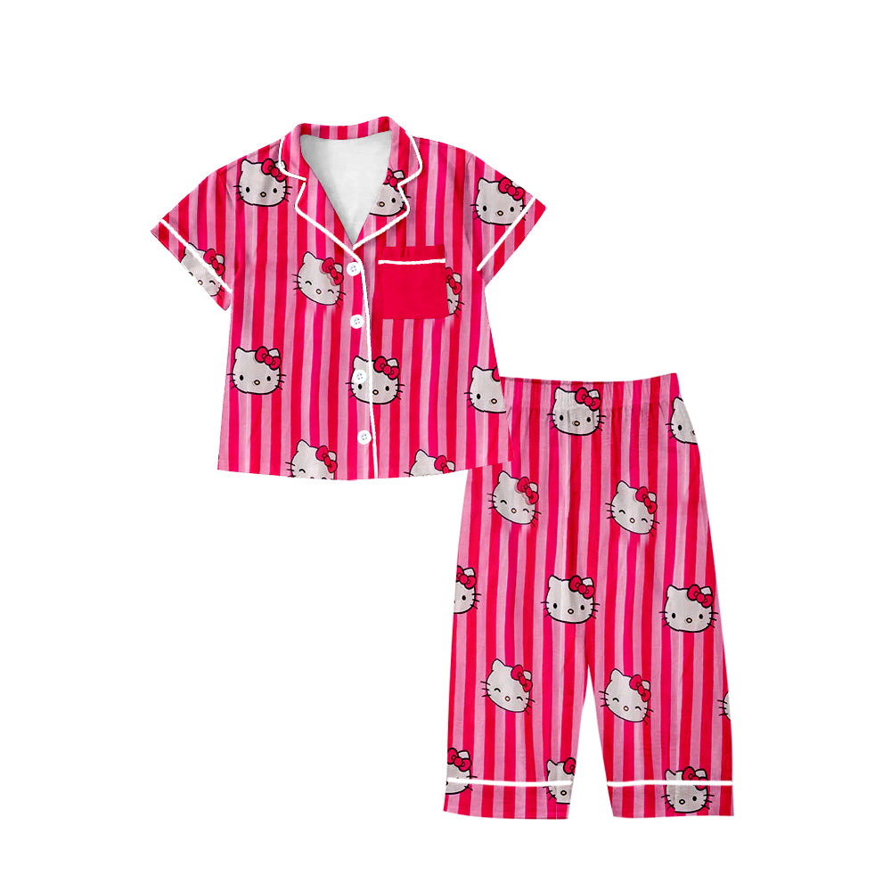 (Custom Design Preorder MOQ 5) Cartoon Cats Hotpink Stripes Print Girls Fall Buttons Pajamas Clothes Set