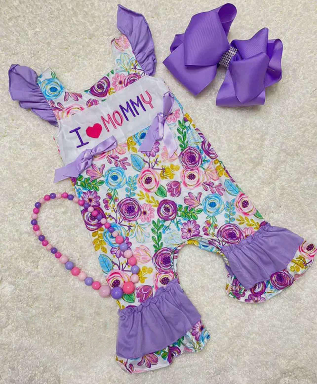 (Custom Design Preorder MOQ 5) I LOVE MOMMY Purple Flowers Print Baby Girls Summer Romper