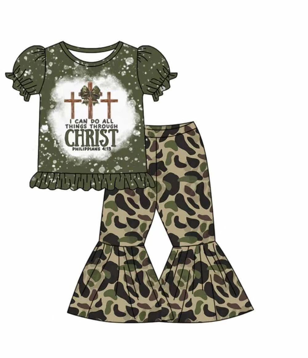 3.10(Custom Design Preorder MOQ 5) Cross Top Camo Bell Pants Girls Easter Clothes Set