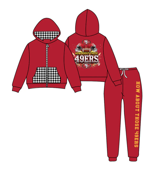 (Custom Design Preorder MOQ 5) Team's SF 49ERS Zipper Hoodie Top Red Pants Kids Fall Clothes Set