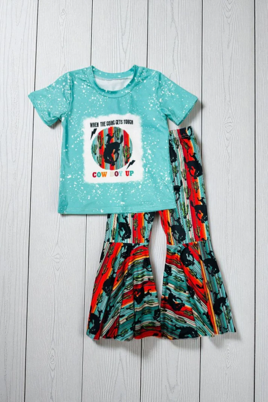 (Custom Design Preorder MOQ 5) COW BOY UP Top Bell Pants Girls Western Clothes Set