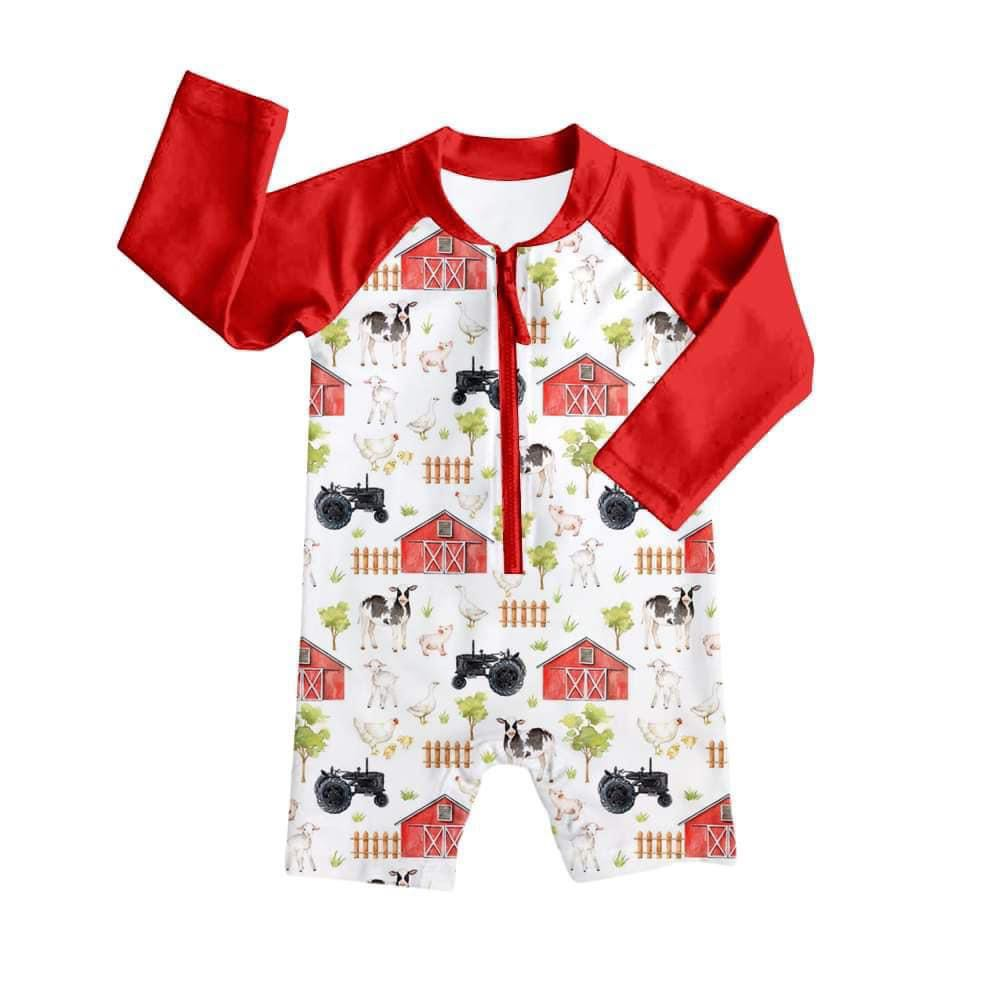 (Custom Design Preorder MOQ 5) Farm Cows Tractors Print Boys Zopper Swimsuits