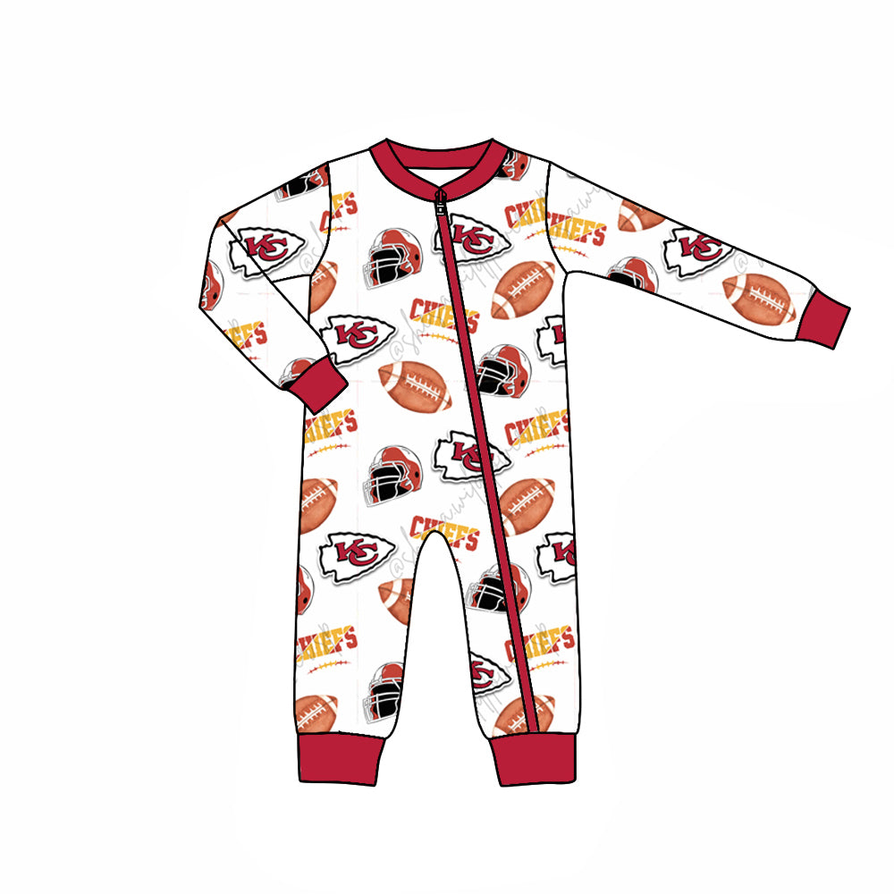 (Custom Design Preorder MOQ 5) Team's KC White Print Baby Boys Fall Sleeper Zipper Romper